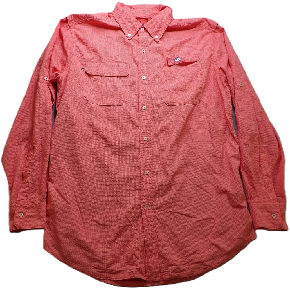 Southern Tide Button Shirt Men L Red Gingham Long Sleeve Fishing Performance EUC